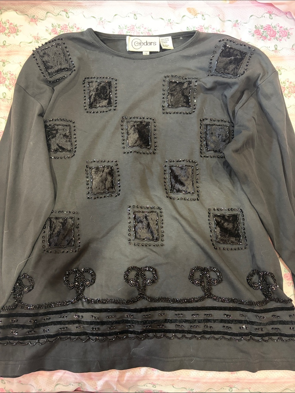 Cedars Black Beaded Velvet Square Pullover